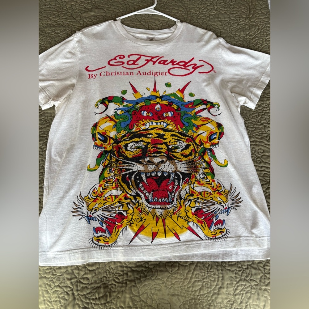 Ed Hardy White Tee with Colorful Tiger Graphic
